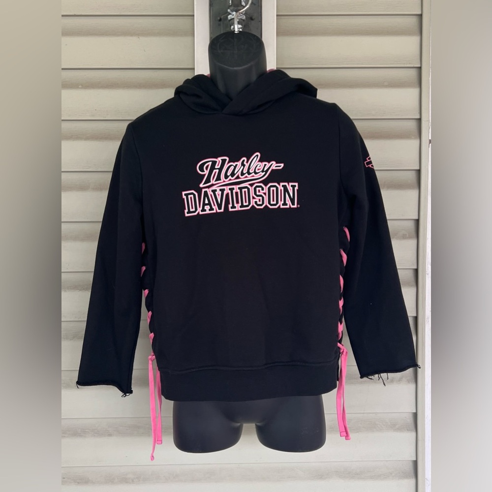 Harley Davidson Breast Cancer Awareness Lace Up Womens Hoodie Sz S Y2K Vibe FLAW